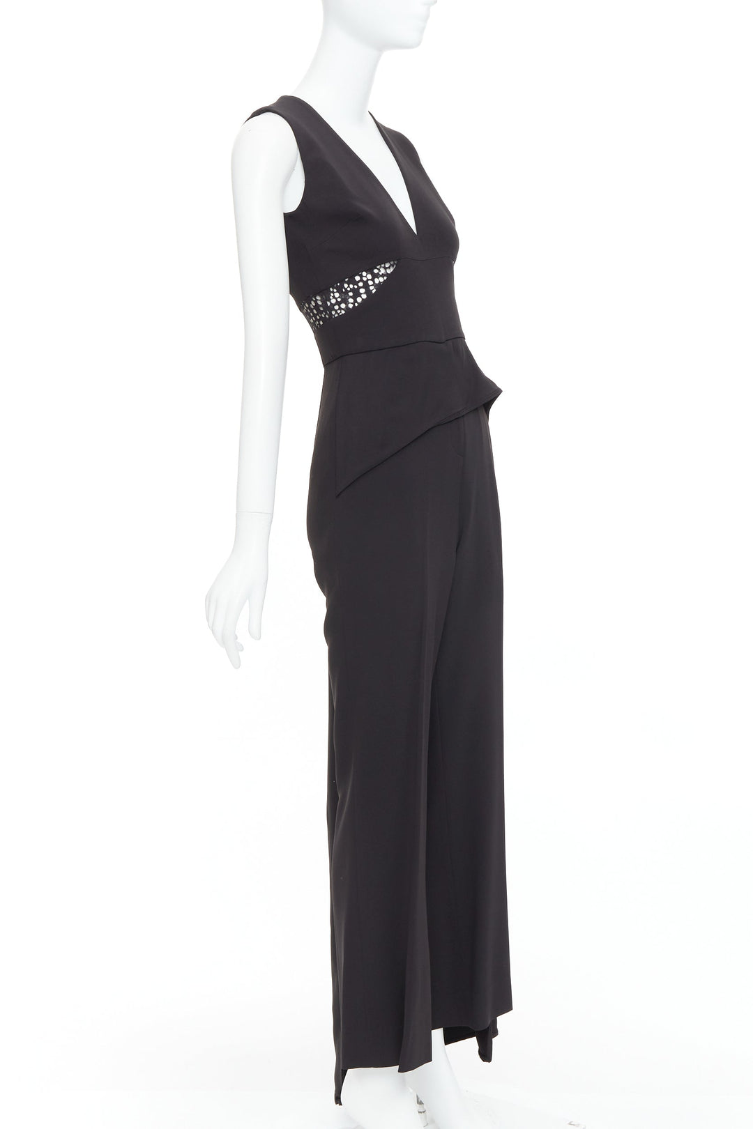 ELIE SAAB black sheer panels drape asymmetric V neck jumpsuit FR36 S