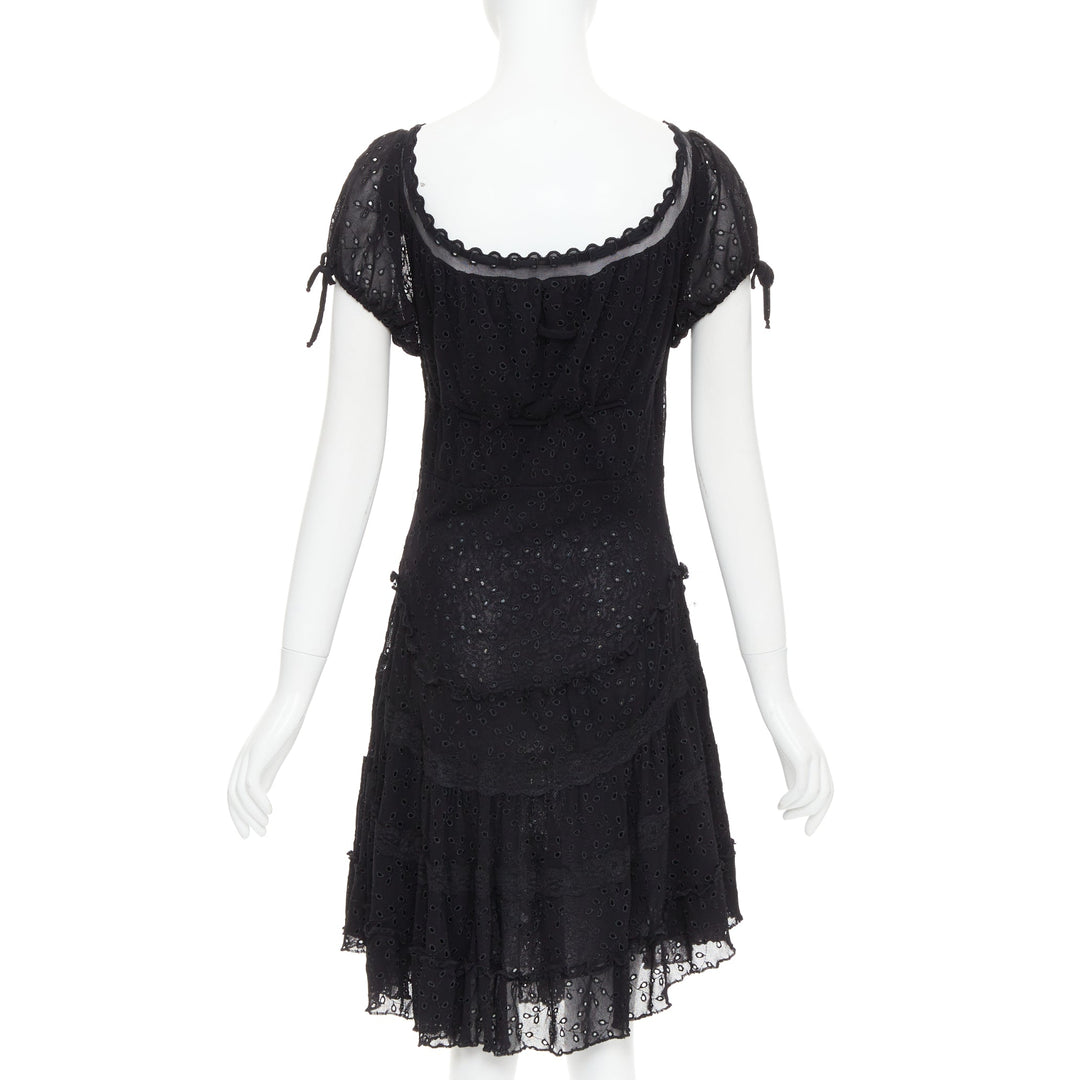 JEAN PAUL GAULTIER MAILLE FEMME Vintage black eyelet ruffle self tie dress M