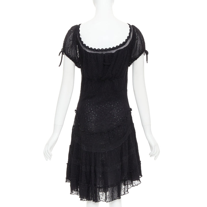 JEAN PAUL GAULTIER MAILLE FEMME Vintage black eyelet ruffle self tie dress M