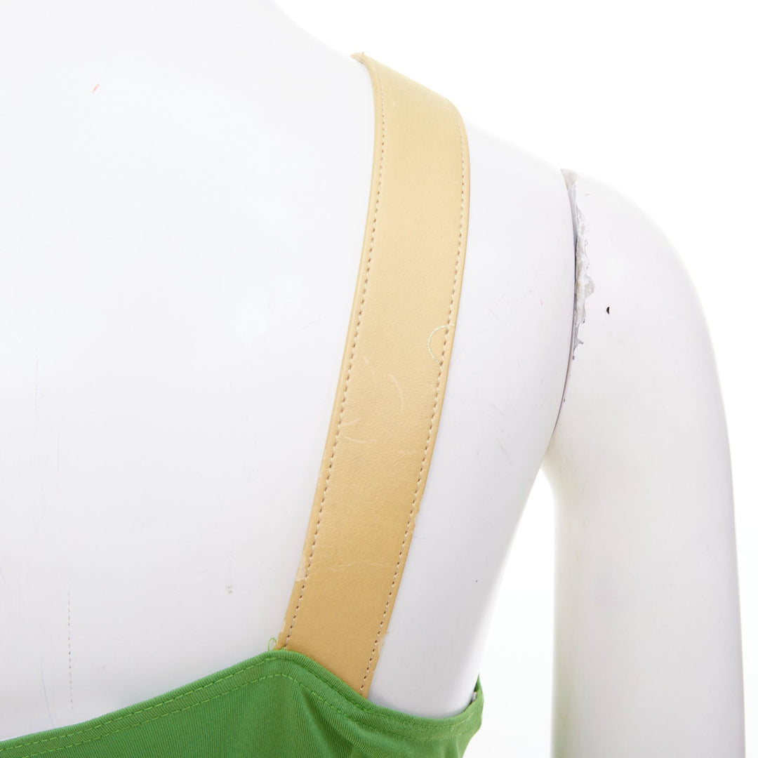 CELINE 2002 Runway horn ring green leather asymmetric shoulder halter top FR36 S