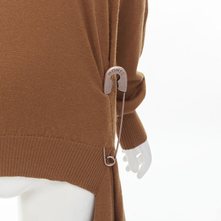 MONSE brown 100% wool XL safety pin draped hem sweater M