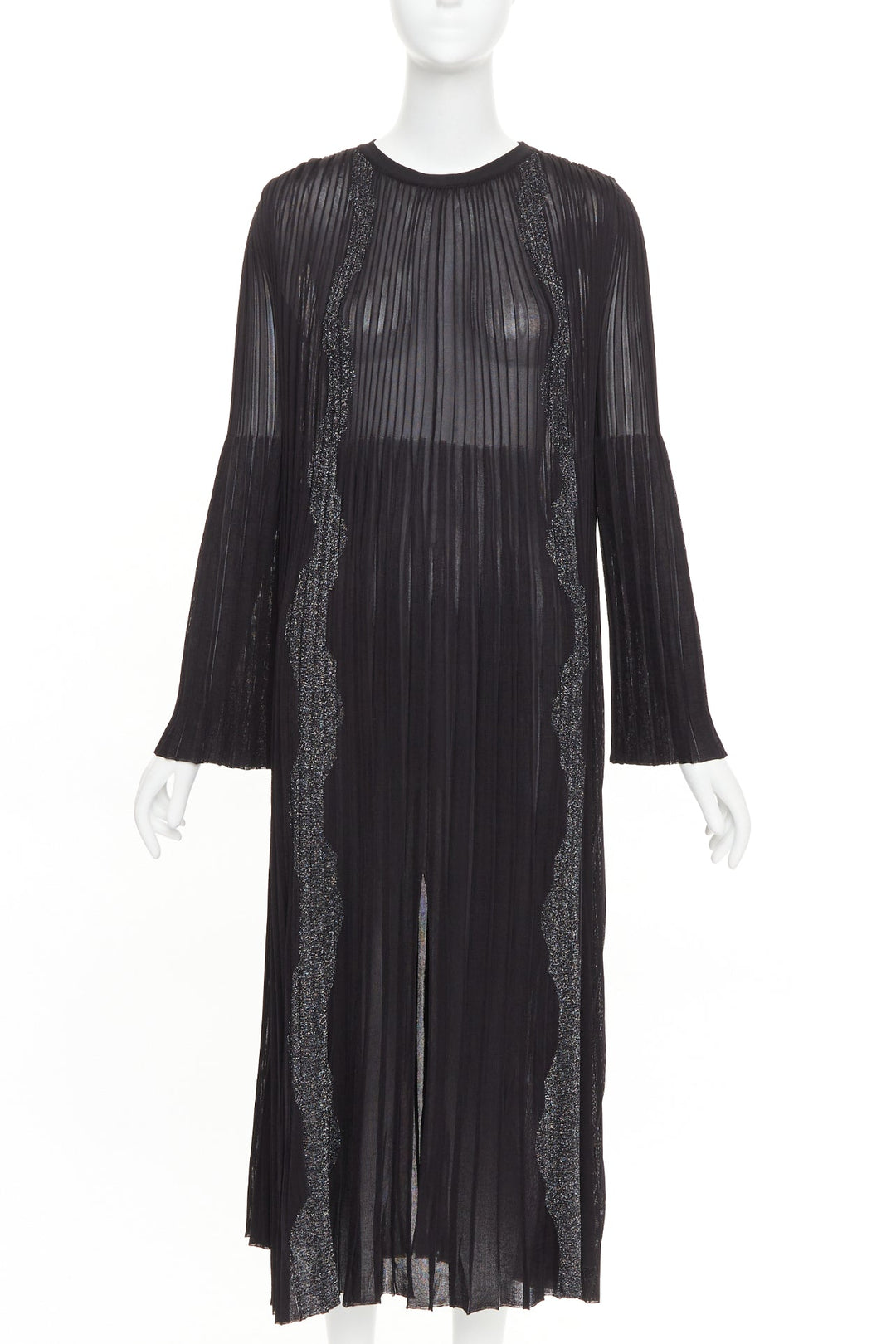 CHANEL Black silver glitter CC resin button plisse sheer wave midi dress FR38 M