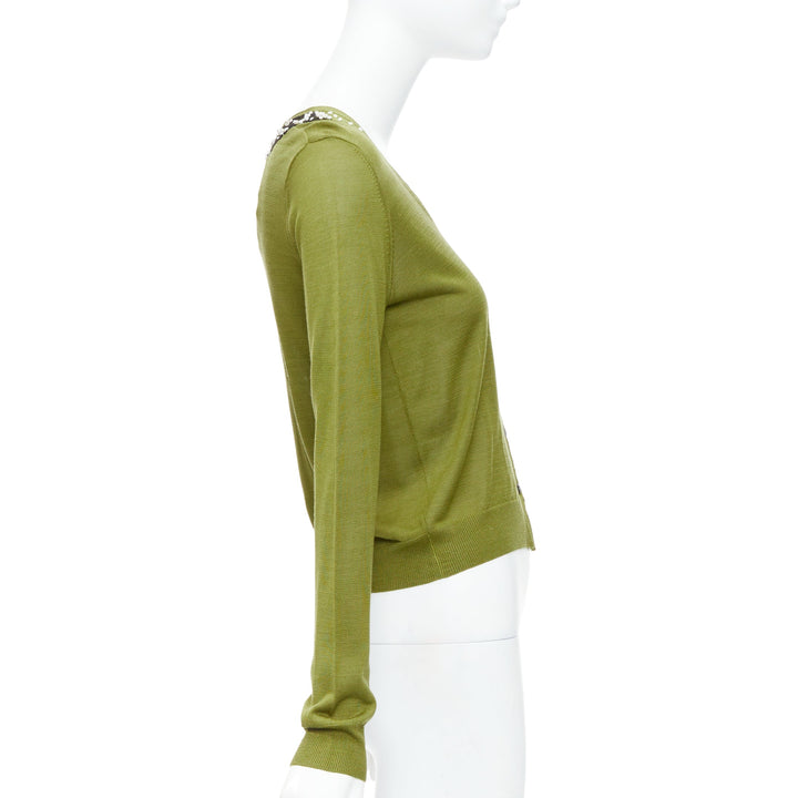 DRIES VAN NOTEN green silk linen bead applique cardigan sweater S