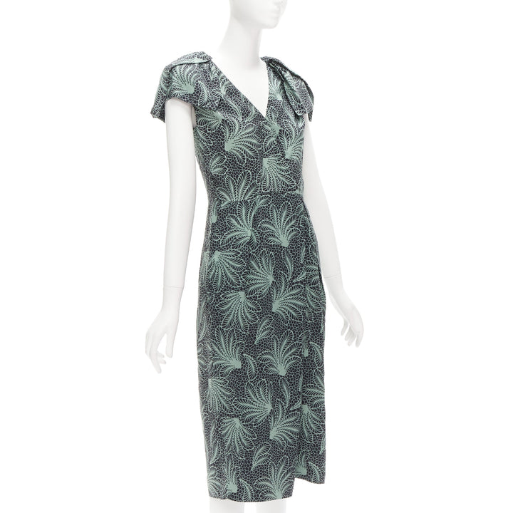 DRIES VAN NOTEN Runway green leaf print petal sleeves V neck midi dress FR36 S