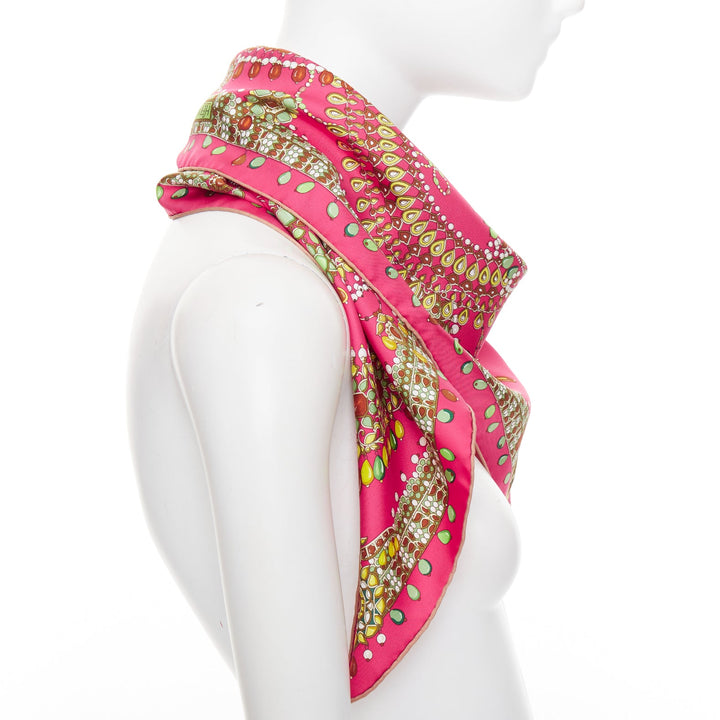 HERMES Parures des Maharajas pink green 100% silk jewel print scarf 90cm
