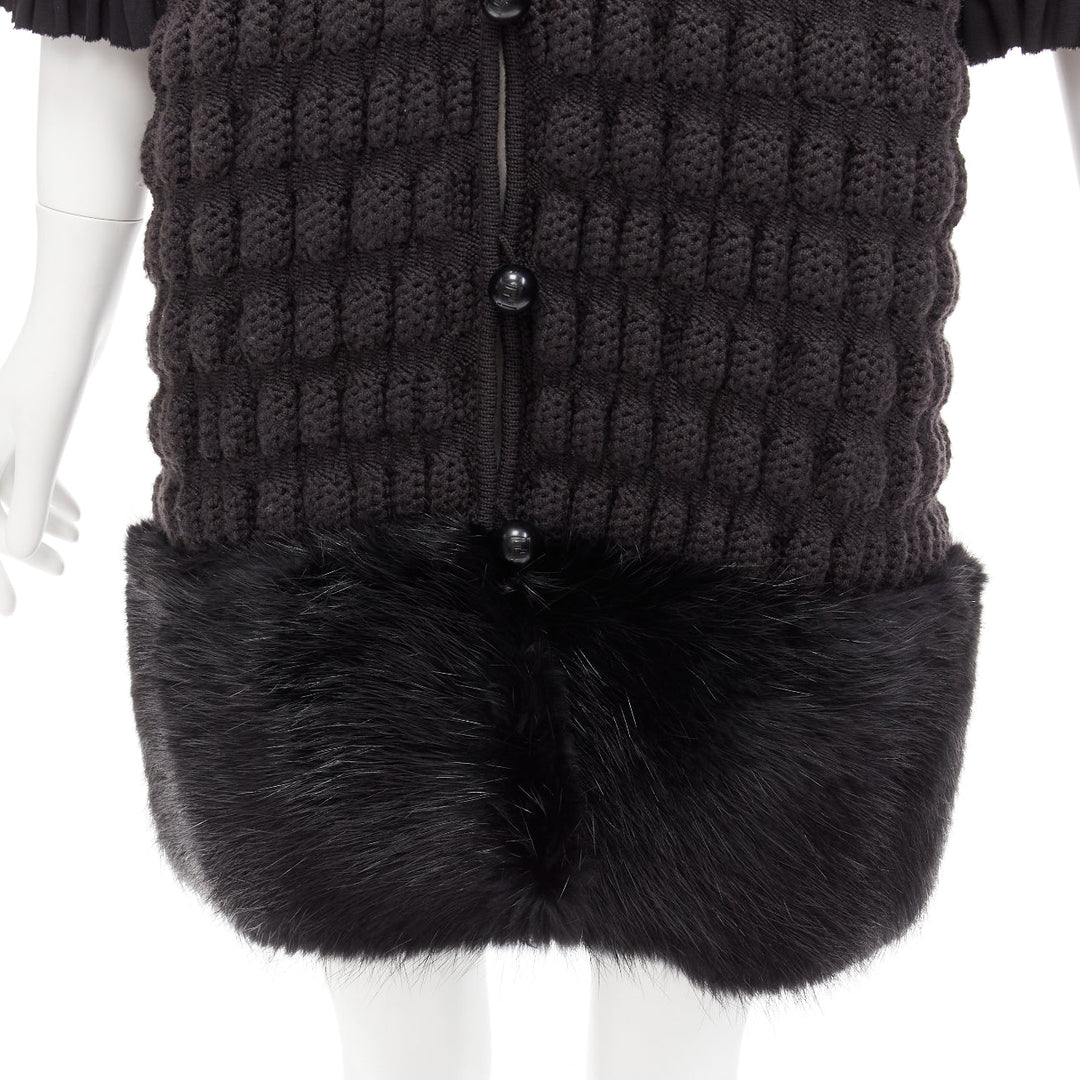 FENDI black fur panel virgin wool crochet chunky knit bell coat IT40 S
