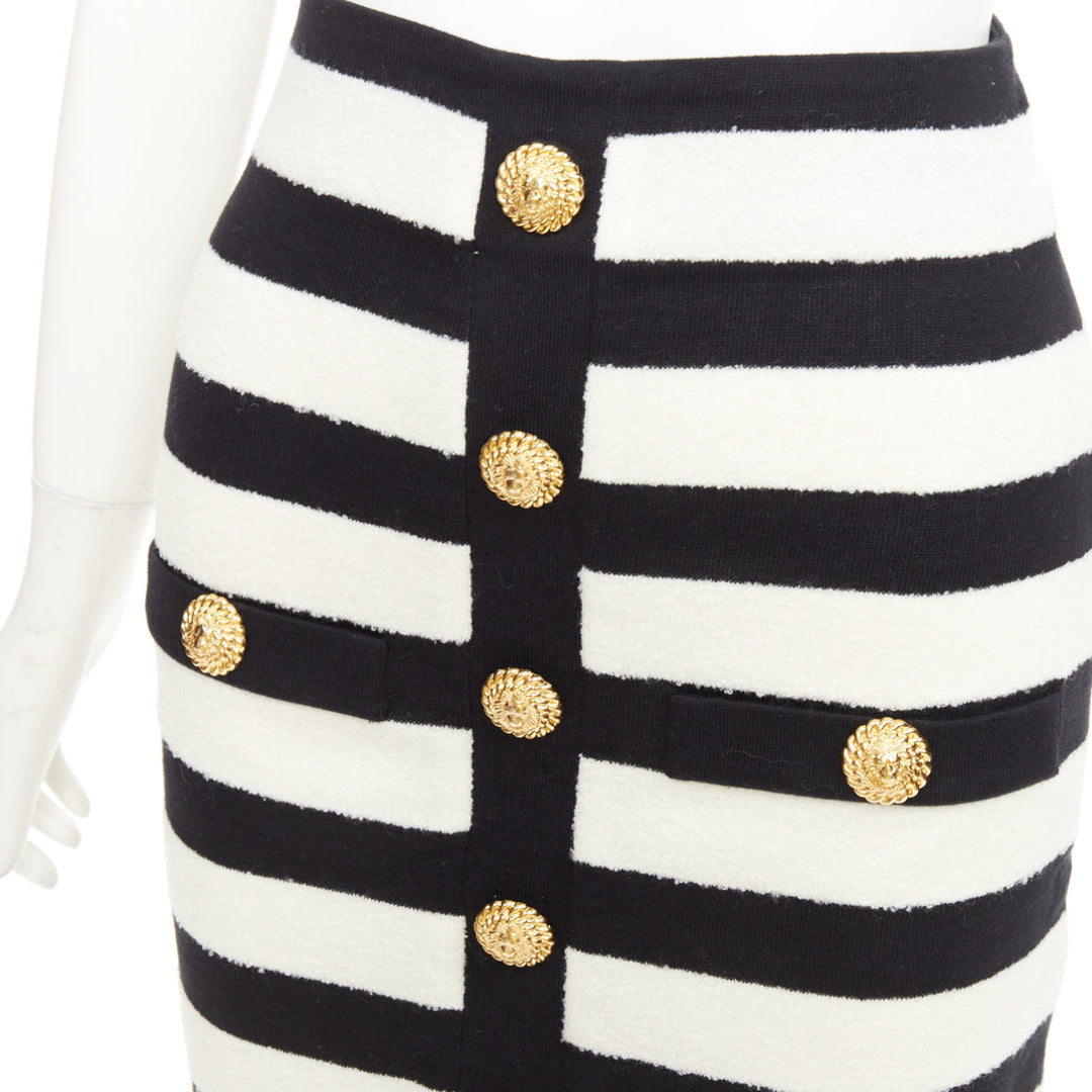 BALMAIN 2024 stripe two tone lion button front high waist knit  skirt FR34 XS
