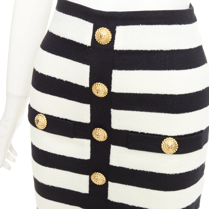 BALMAIN 2024 stripe two tone lion button front high waist knit  skirt FR34 XS