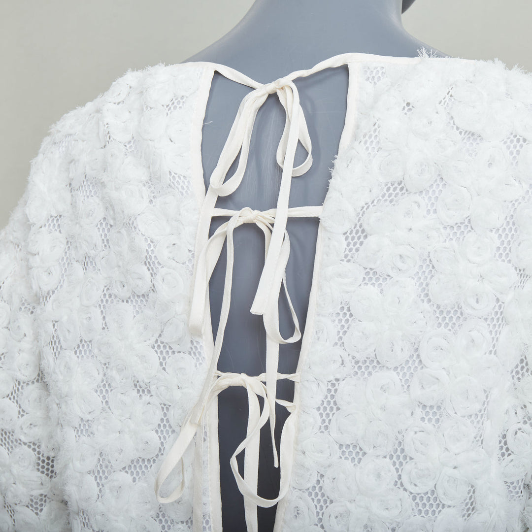 CECILIE BAHNSEN white textured floral puffy short sleeve babydoll dress UK8 S