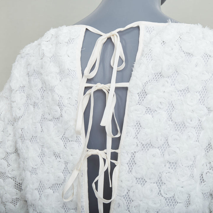 CECILIE BAHNSEN white textured floral puffy short sleeve babydoll dress UK8 S
