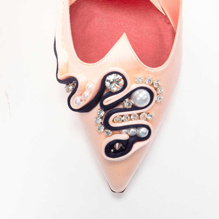 ROGER VIVIER Viv Couture pink navy pearl crystal ribbon heel pump EU40