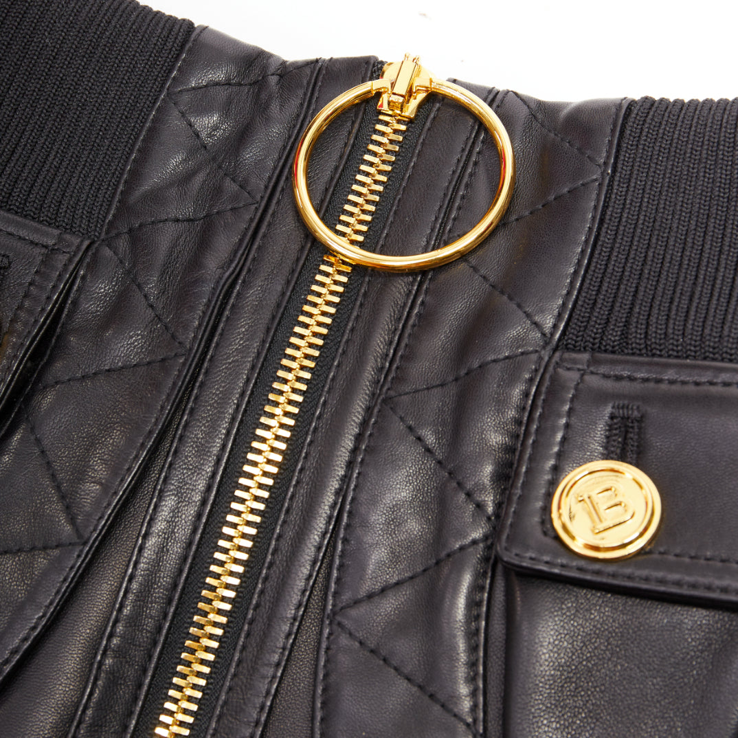 rare BALMAIN black lambskin leather gold B logo button bomber mini skirt FR34 XS