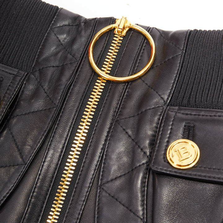 rare BALMAIN black lambskin leather gold B logo button bomber mini skirt FR34 XS