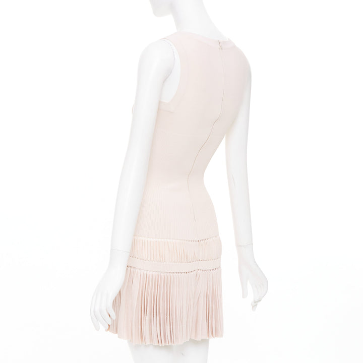 ALAIA pale blush pink open work drop waist plisse fringe knit mini dress FR36 S