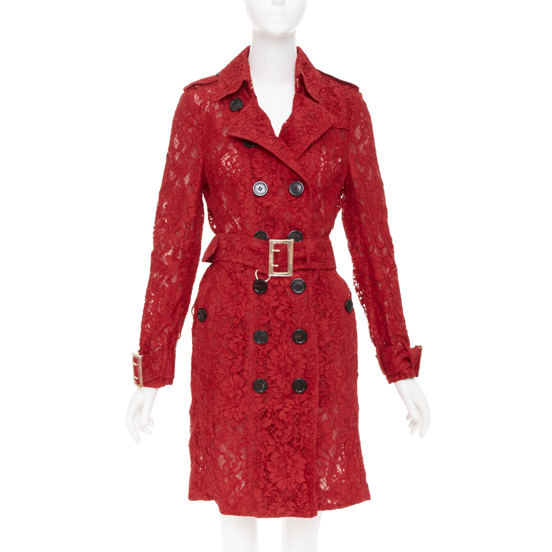 BURBERRY 2016 Kensington red floral lace belted double breasted trench coat