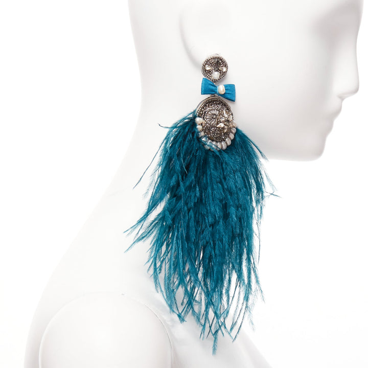 RANJANA KHAN turquoise blue feather faux pearl dangling clip on earrings