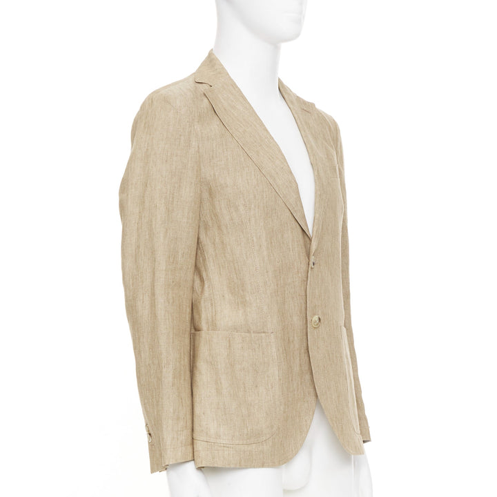 PAOLONI brown textured slub linen notch lapel three button patch jacket EU46 S
