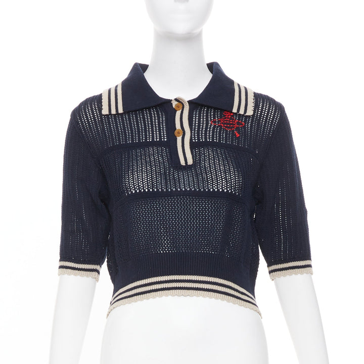 VIVIENNE WESTWOOD navy open stitch cotton linen embroidered orb polo top M