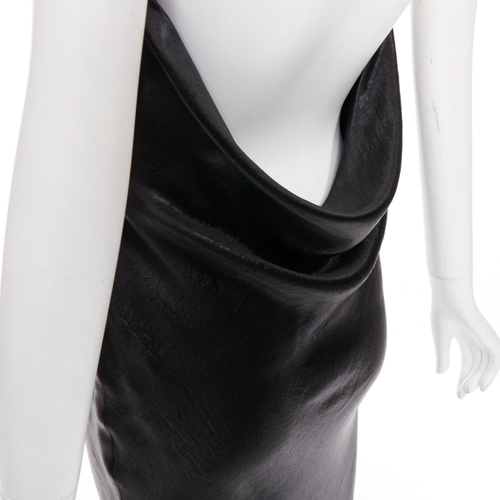SAINT LAURENT 2023 Runway black iridescent satin plunge cowl back dress FR42 XL
