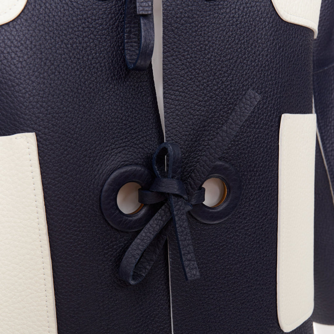 LOUIS VUITTON navy off white textured leather tie front jacket FR36 M