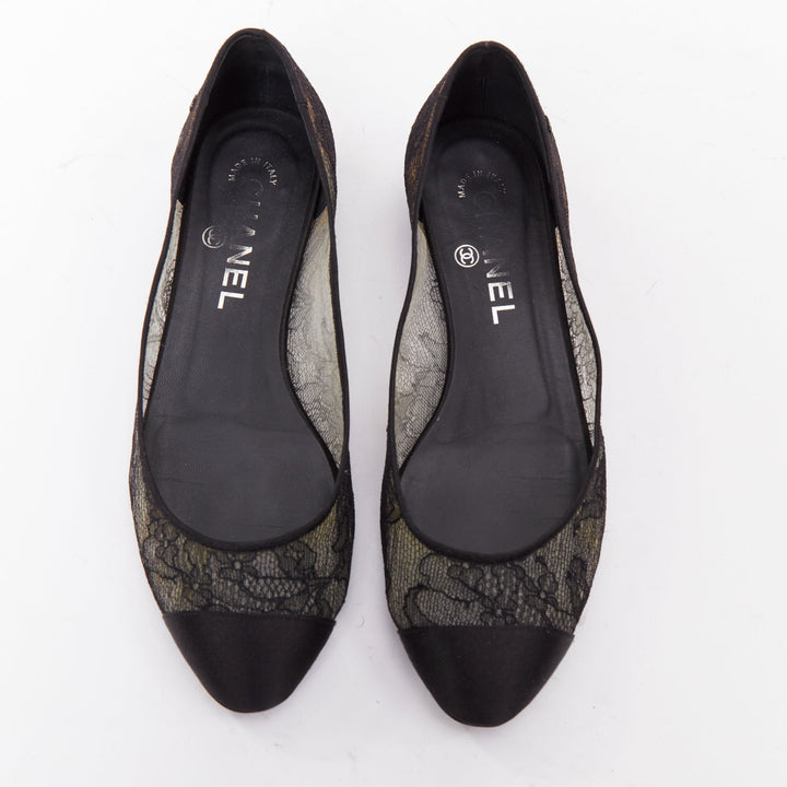 CHANEL black CC logo floral lace satin toe cap nude underlay ballet flats EU37
