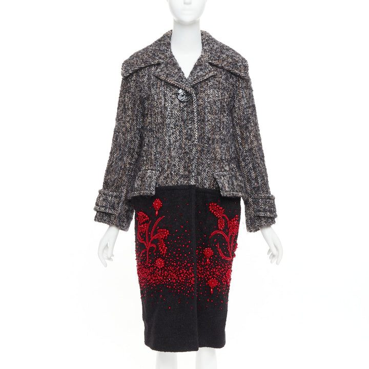 PRADA 2017 speckled wool tweed red bead embellishment hem long coat IT38 XS