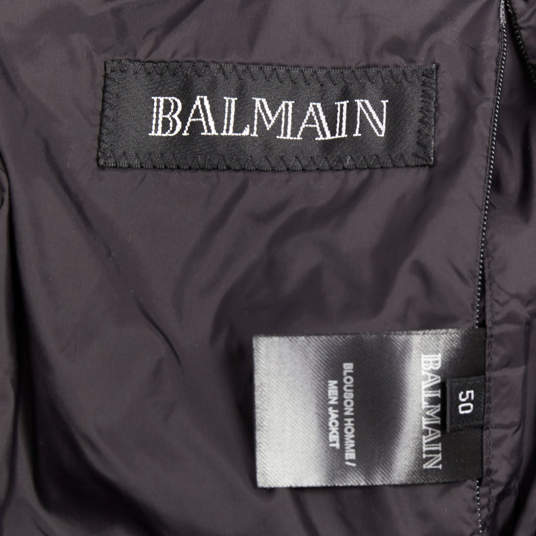 BALMAIN black mixed quilted puffer logo neoprene sleeves zip up jacket EU50 L