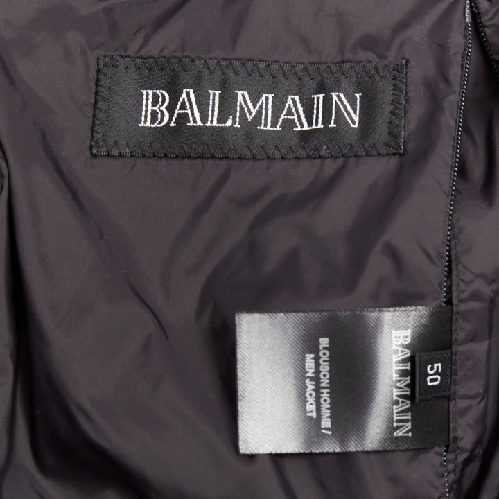 BALMAIN black mixed quilted puffer logo neoprene sleeves zip up jacket EU50 L