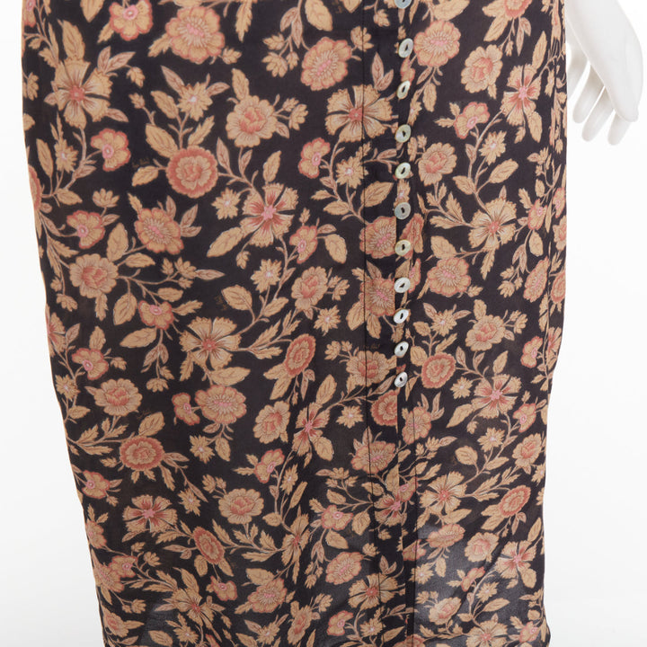 REALISATION Monica silk brown black floral shell buttons puff sleeve dress XS