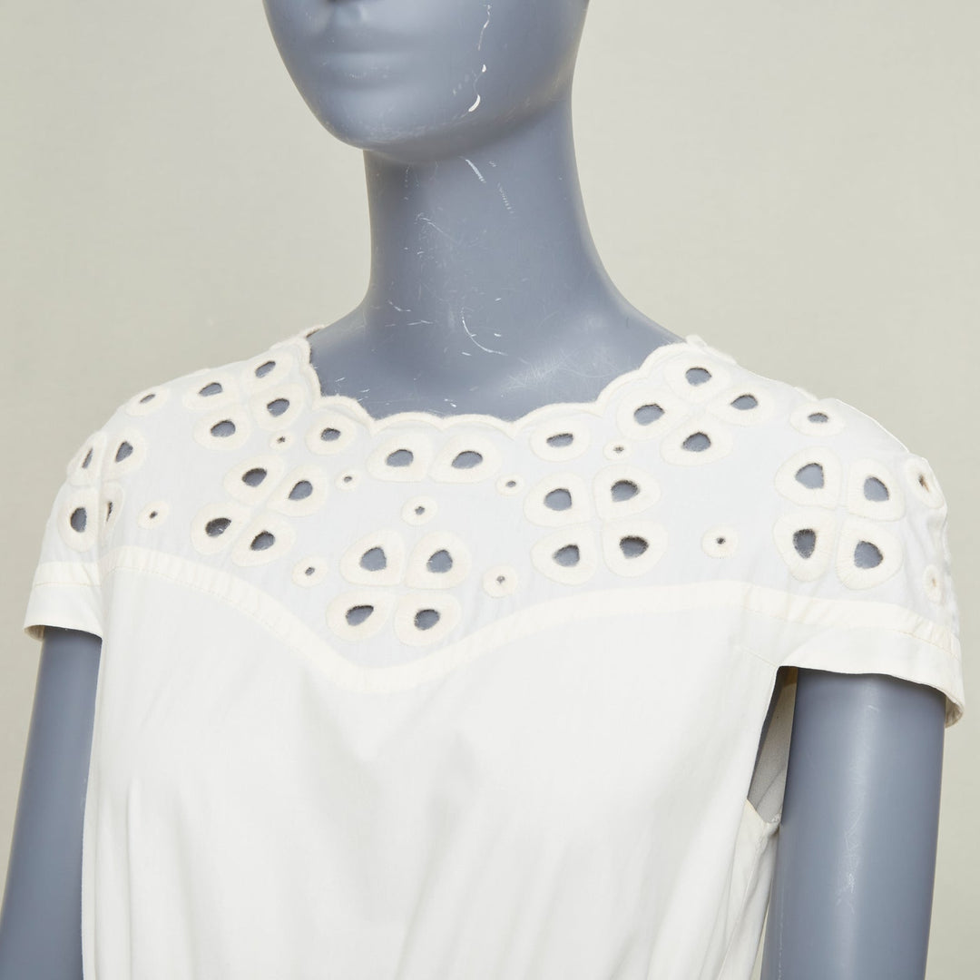 FENDI eyelet cutout scalloped yoke white cotton poplin midi dress IT40 S