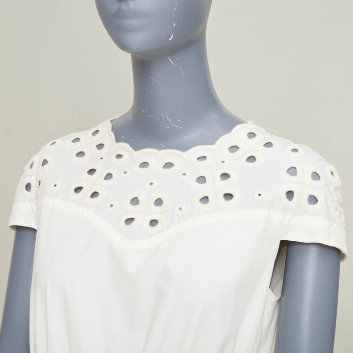 FENDI eyelet cutout scalloped yoke white cotton poplin midi dress IT40 S