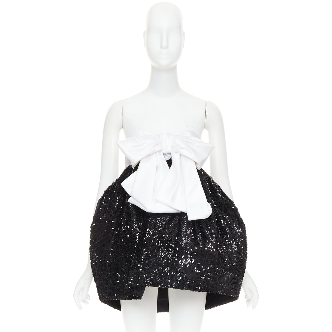 ALEXANDRE VAUTHIER SS2019 Runway white satin bow black sequin pouf mini dress