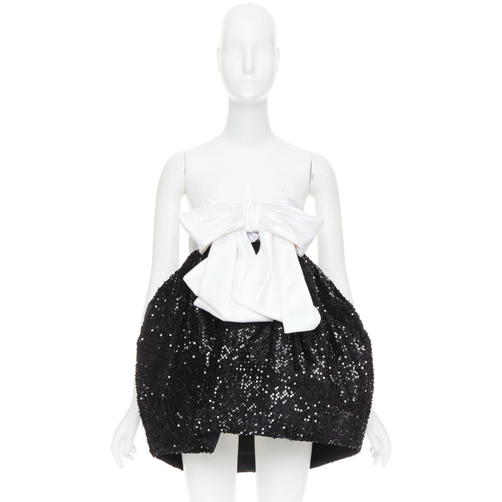 ALEXANDRE VAUTHIER SS2019 Runway white satin bow black sequin pouf mini dress