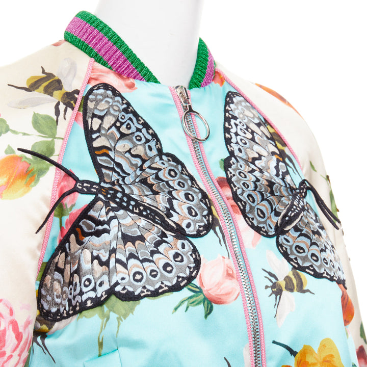 GUCCI 2016 Michele Runway blue silk butterfly bee embroidery bomber jacket IT40