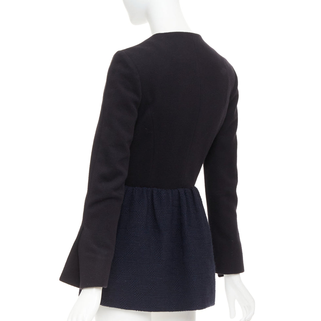 THE ROW Loxton black navy structured wool textured peplum gold zip coat US0 XS