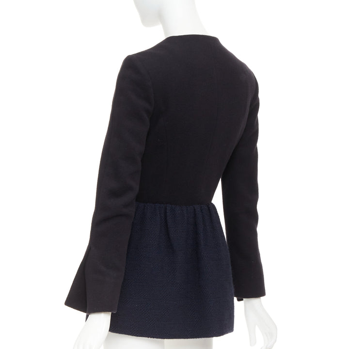 THE ROW Loxton black navy structured wool textured peplum gold zip coat US0 XS