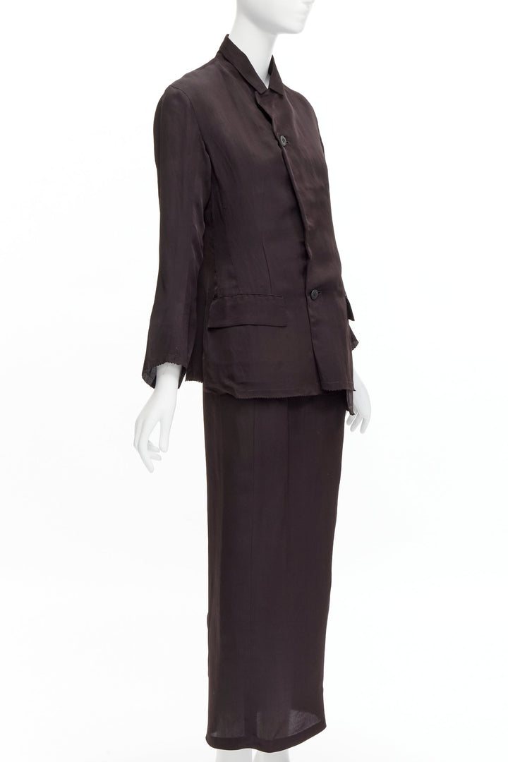 YOHJI YAMAMOTO Vintage brown silk flap pockets mandarin collar jacket skirt S