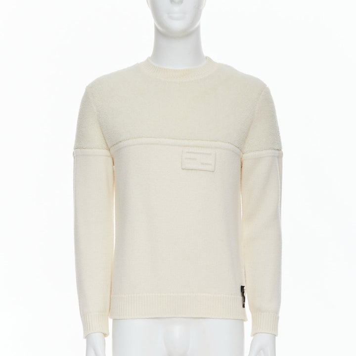 Male mannequin wearing Fendi Cream Wool Men Sweater in Size IT46 | Available at JHROP