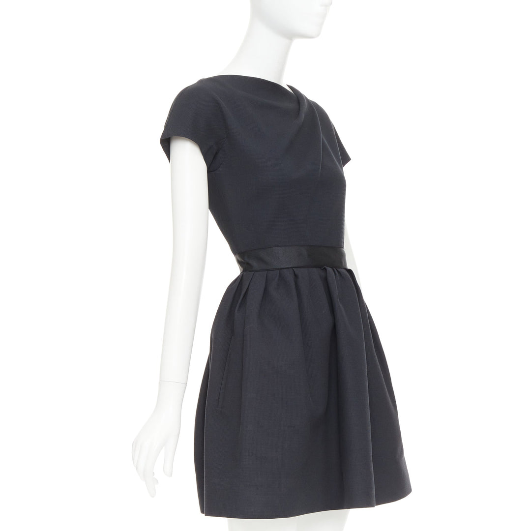 VICTORIA BECKHAM Dress N91 black cotton blend gathered crepe belted dress UK8 S