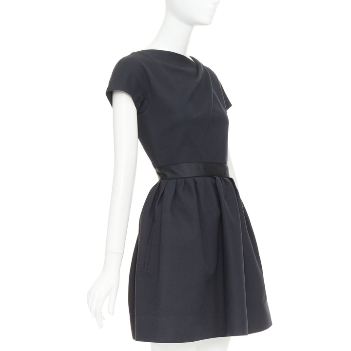 VICTORIA BECKHAM Dress N91 black cotton blend gathered crepe belted dress UK8 S