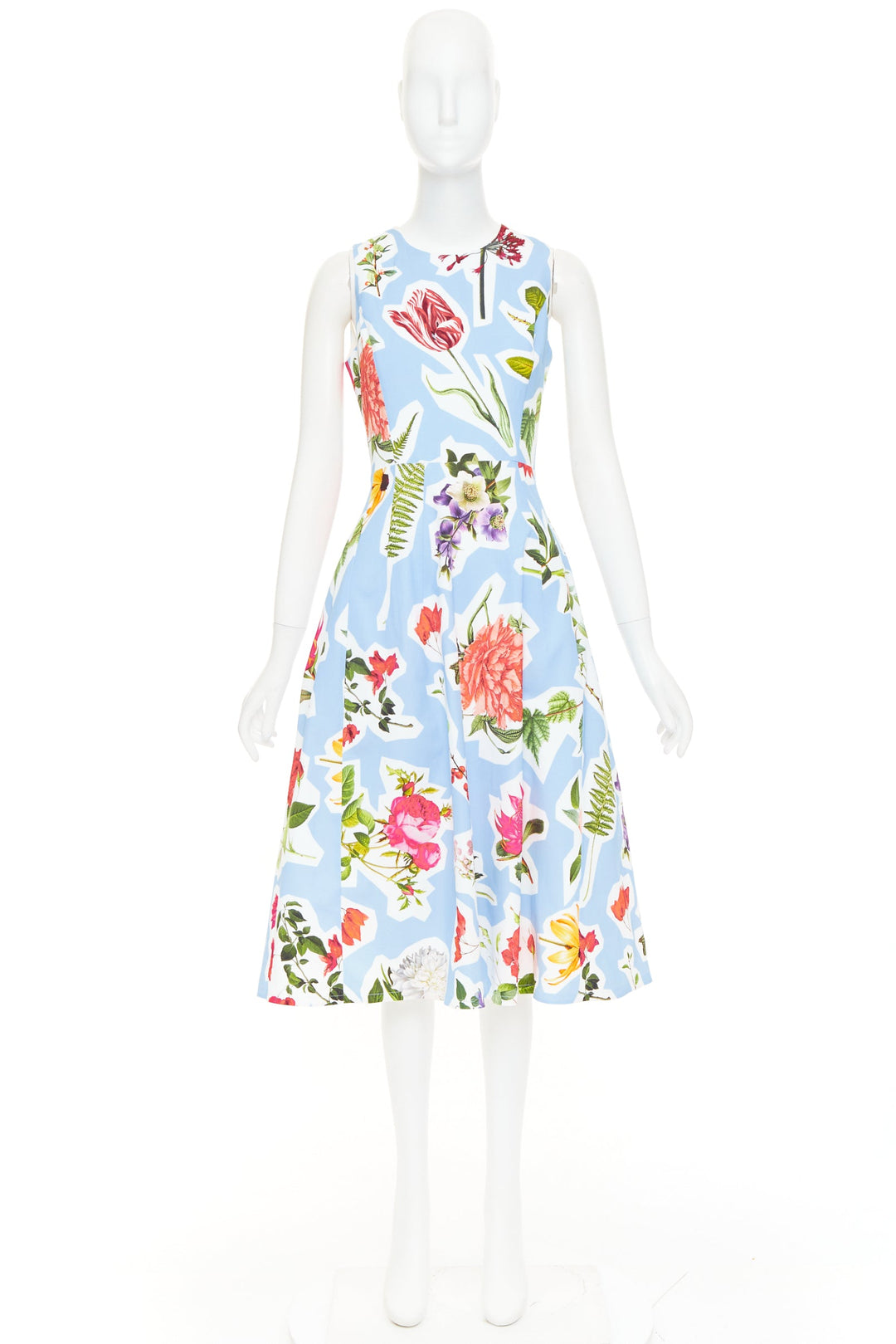 CAROLINA HERRERA light blue floral collage print sleeveless faille dress US4 S