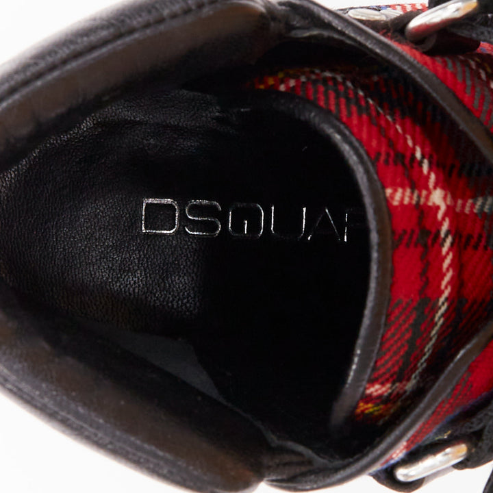 rare DSQUARED2 Vintage red tartan wool punk buckle ankle booties EU36