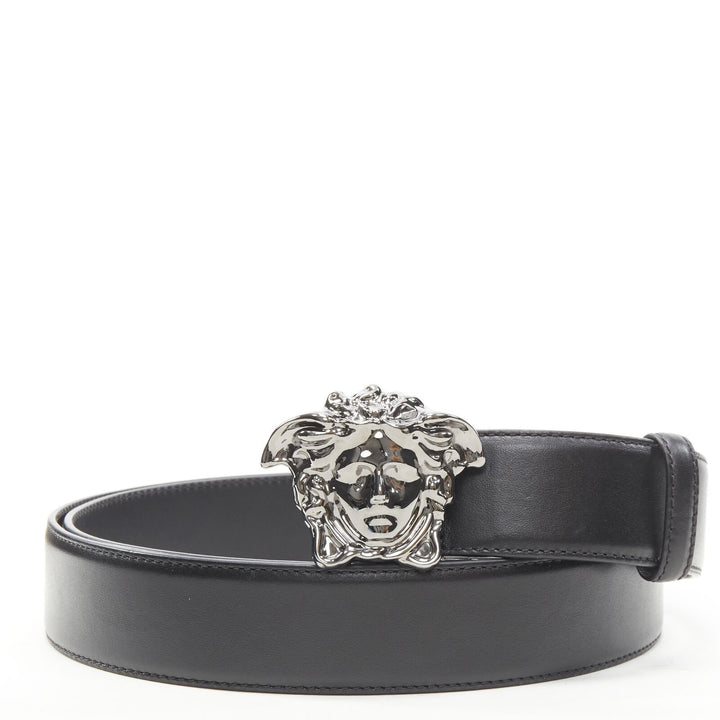 VERSACE La Medusa ruthenium silver buckle black leather belt 115cm 44-48"