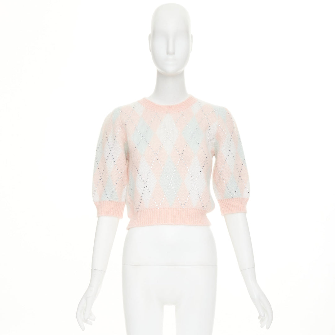 ALESSANDRA RICH Crystal pink argyle checked mohair blend top IT38 XS