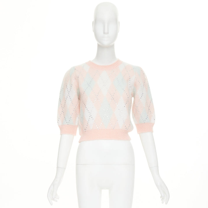 ALESSANDRA RICH Crystal pink argyle checked mohair blend top IT38 XS