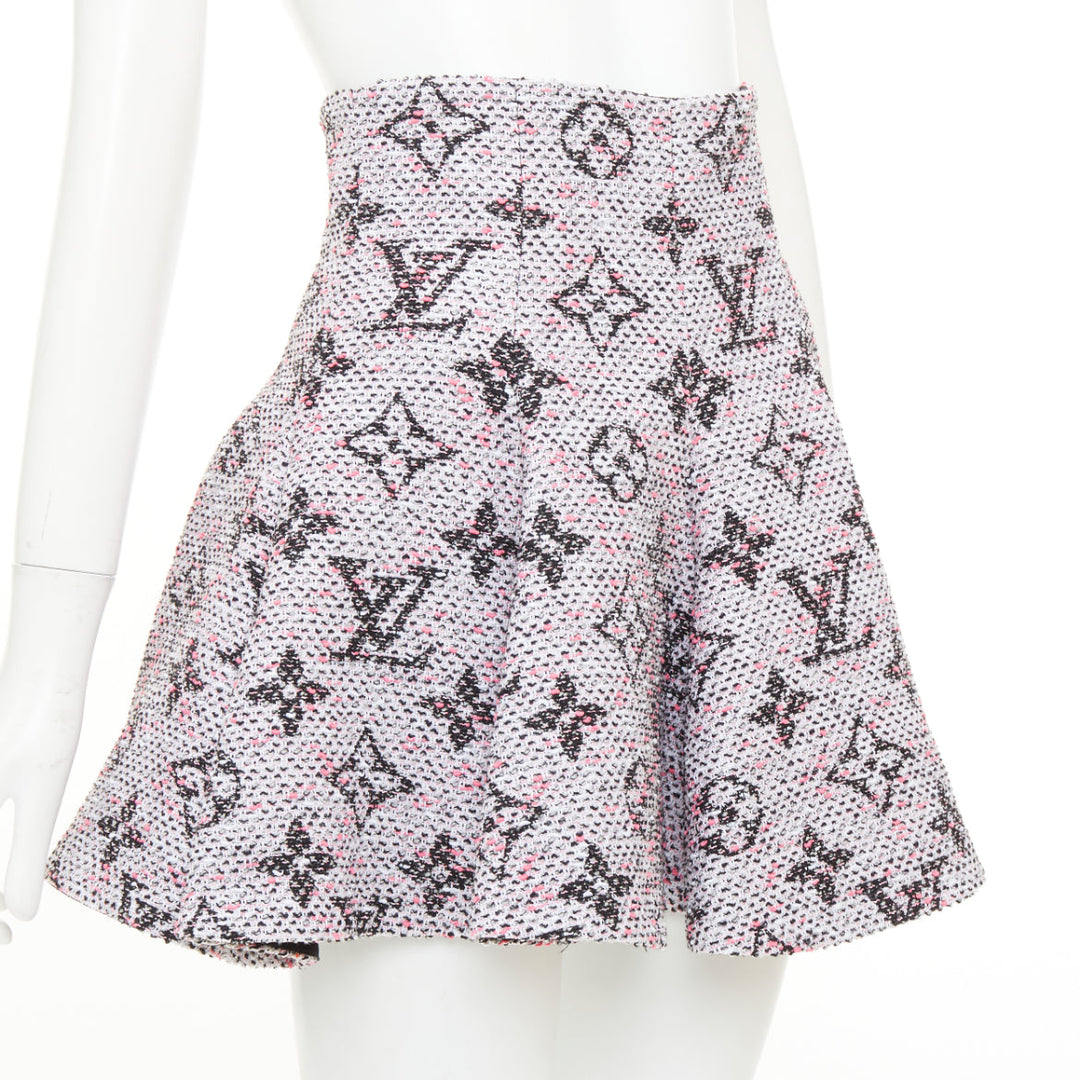 LOUIS VUITTON Monogram Tweed Pleated Circle pink black flared skirt FR34 XXS