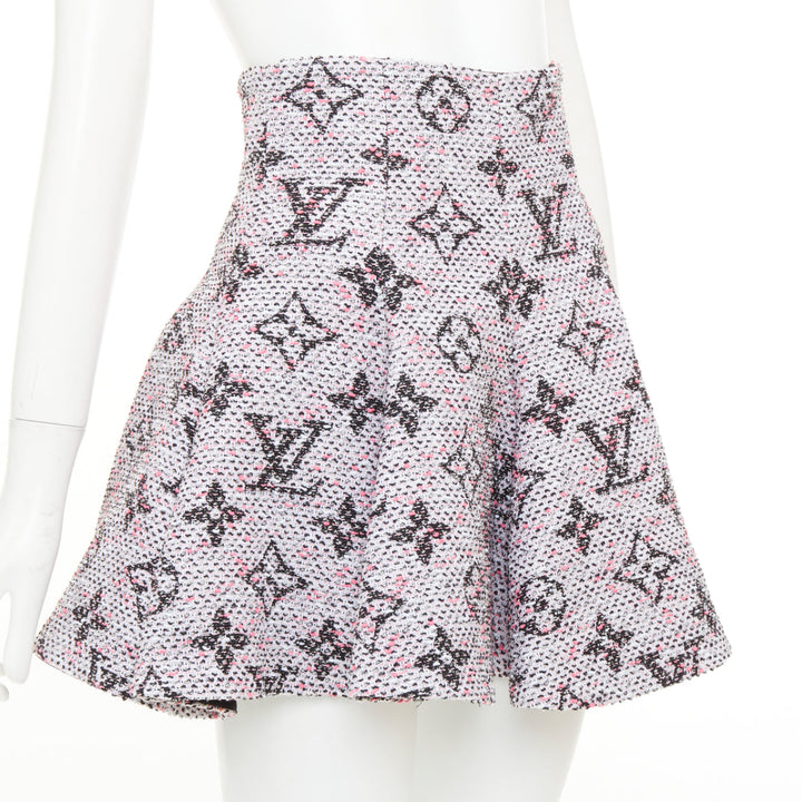 LOUIS VUITTON Monogram Tweed Pleated Circle pink black flared skirt FR34 XXS