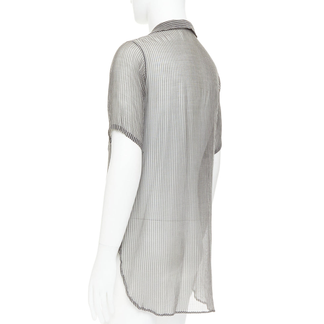 DRIES VAN NOTEN grey off white sheer striped buttoned polo shirt IT48 M