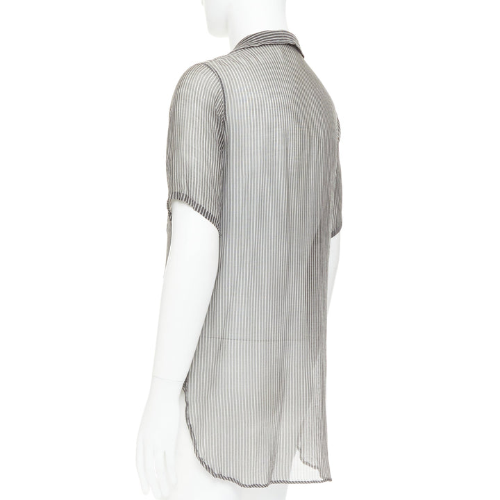 DRIES VAN NOTEN grey off white sheer striped buttoned polo shirt IT48 M