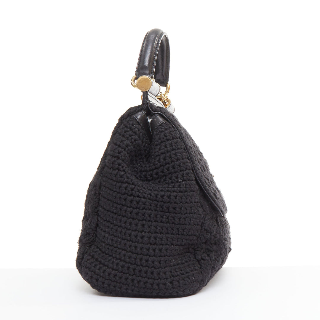DOLCE GABBANA Sicily black crochet leather gold hardware top handle satchel bag